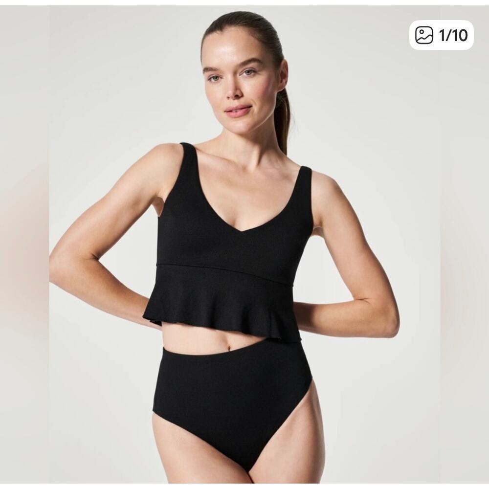 NWT Spanx Black VNeck Pique Longline Flounce Swimsuit Bikini Top Peplum Size M